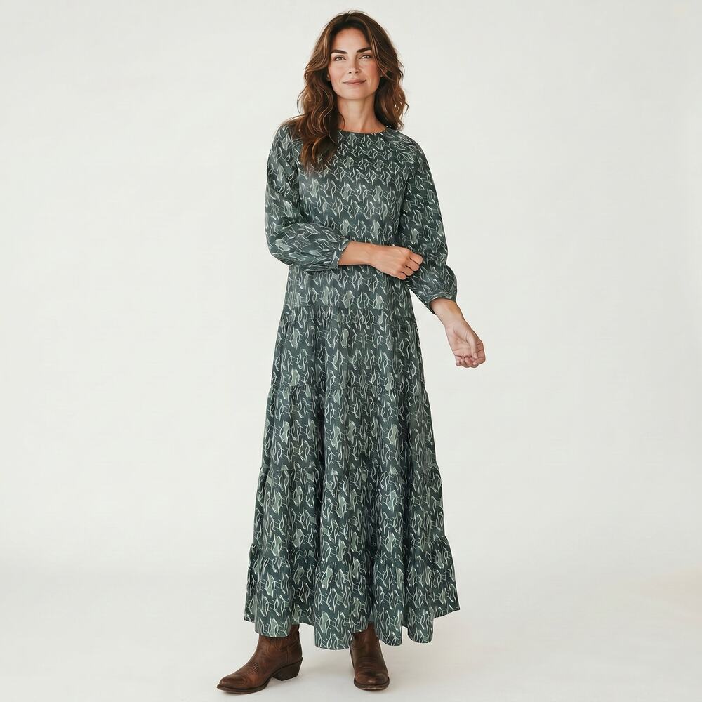 Billy Reid x Gibson | NWT | M | Green Pelican Pattern Tiered Prairie Dress